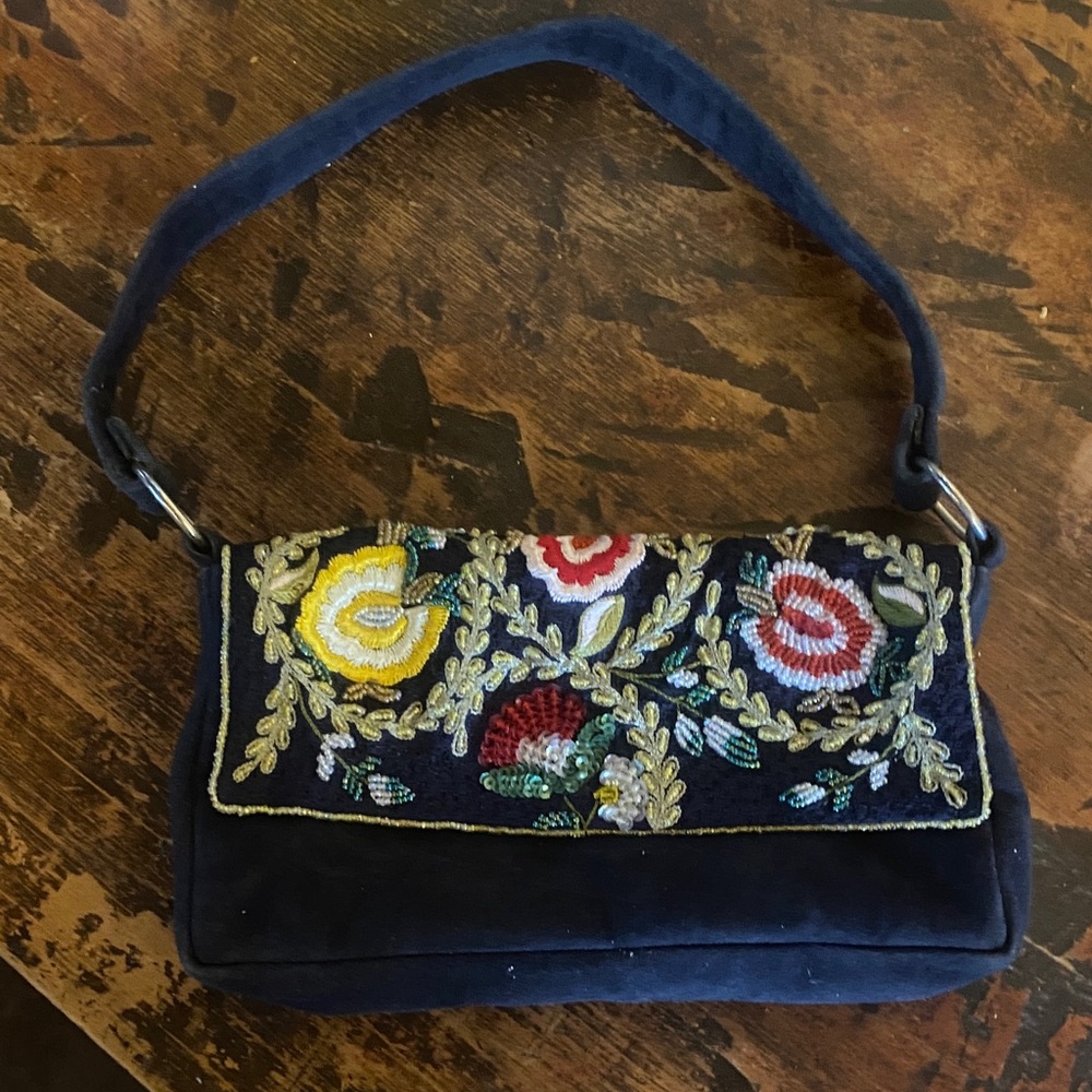 Floral Embroidered Navy Shoulder Bag
